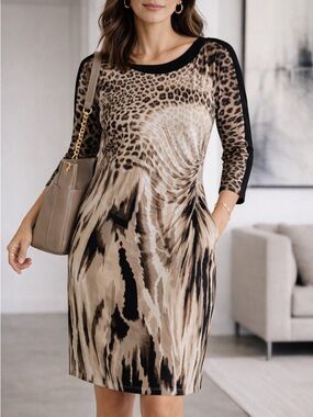 Chico’s Animal Print Dress Sz 1 Brown Black Abstract Leopard 3/4 Sleeve Ruching